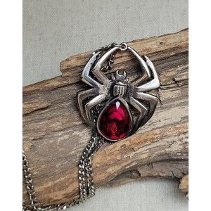 Vintage Signed JPi Black Widow Spider Pendant Necklace Faux Ruby 20" Chain